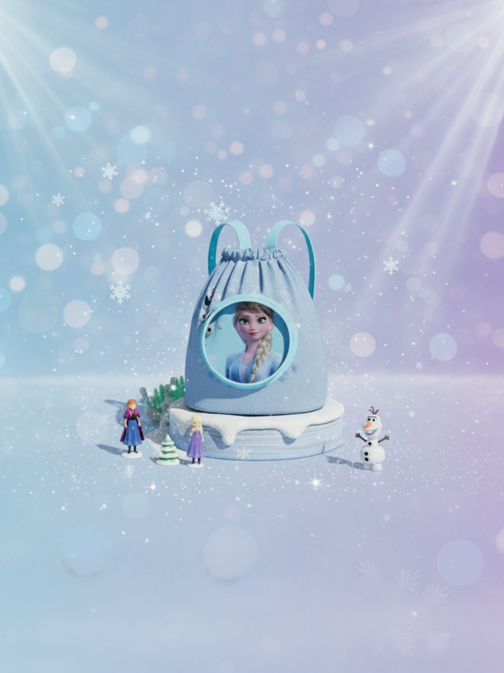 Blue drawstring bag with a character on a snowy background