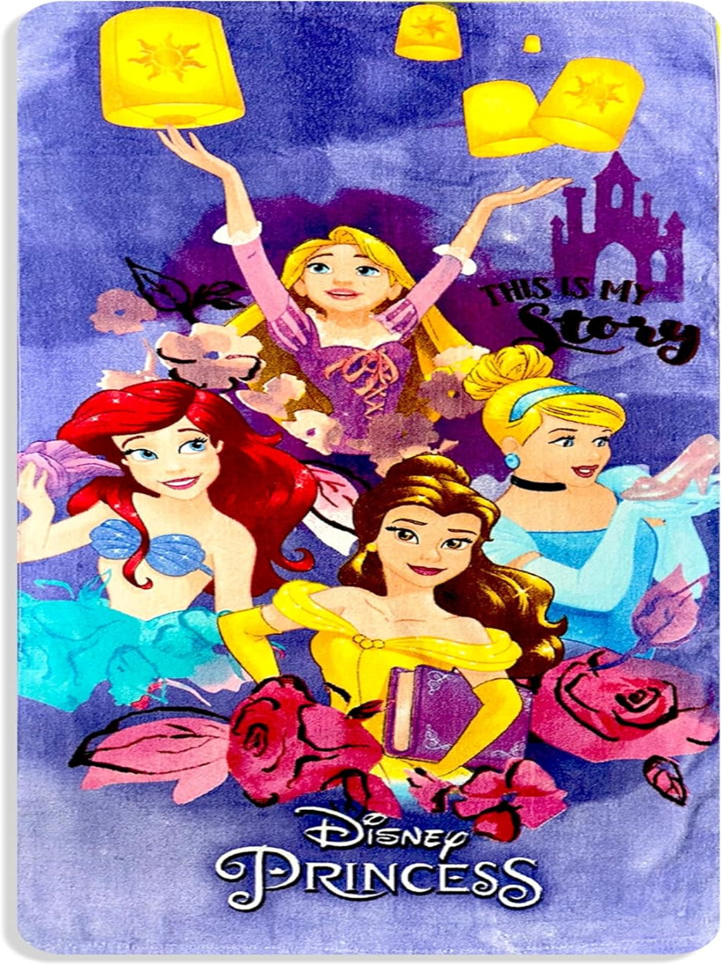 Disney Princess characters on a purple background with castle and flowers.