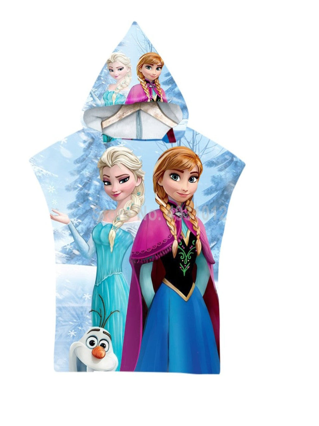 Frozen-themed hooded towel with characters from the movie on a white background