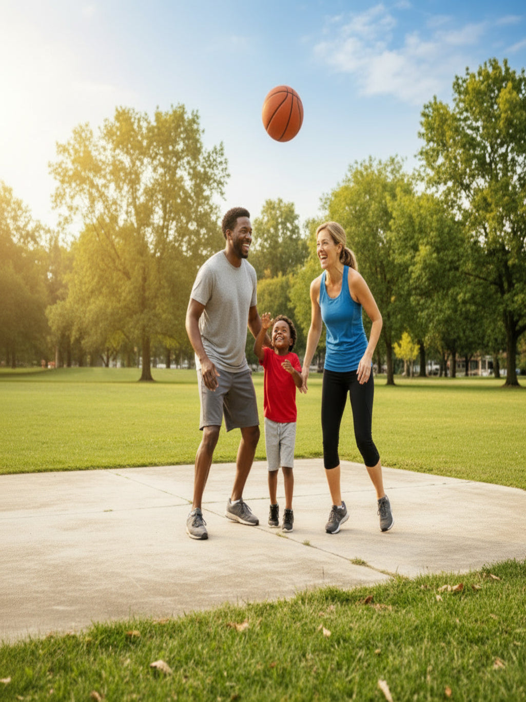 A CHILD PLAYING BASKETBALL CHILLED WITH DAD